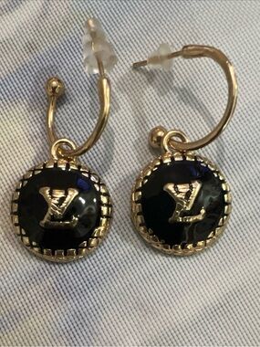 Louis Vuitton style Black and Gold Logo Drop Earrings